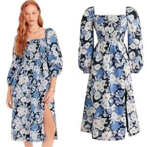 J Crew Linen Daydream In Zinnia Floral Midi Dress Blue Smocked Boho Size Medium